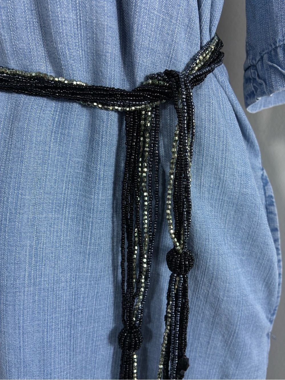 Womens belt shimmer Beaded Tassel black/gray 38” long plus tassels boho hippie